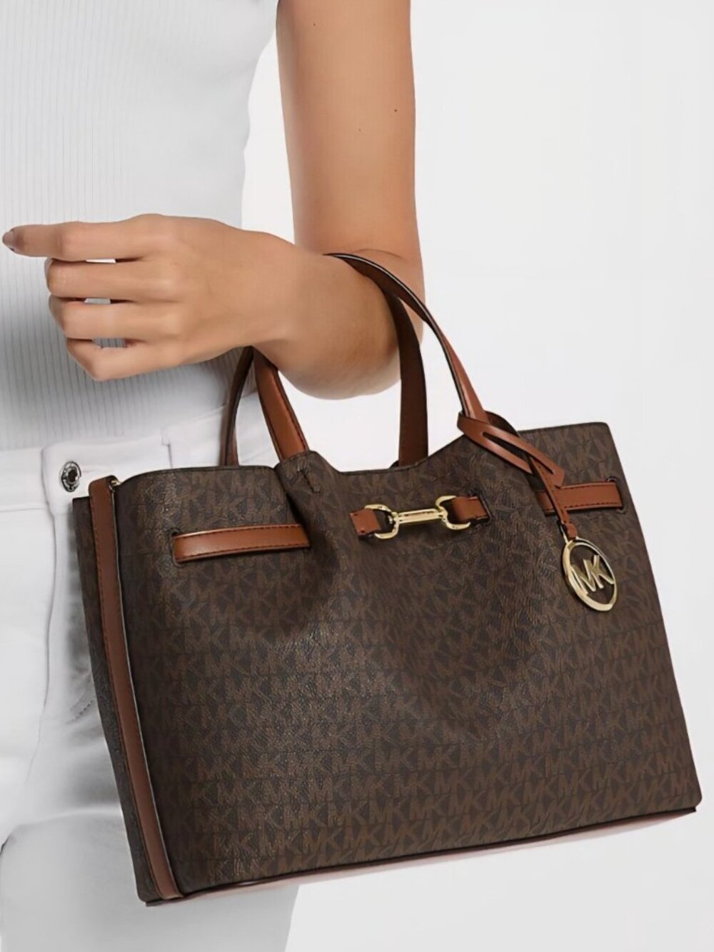 Michael Kors Carson Medium Brown Walnut Signature Logo Satchel Handbags Purse